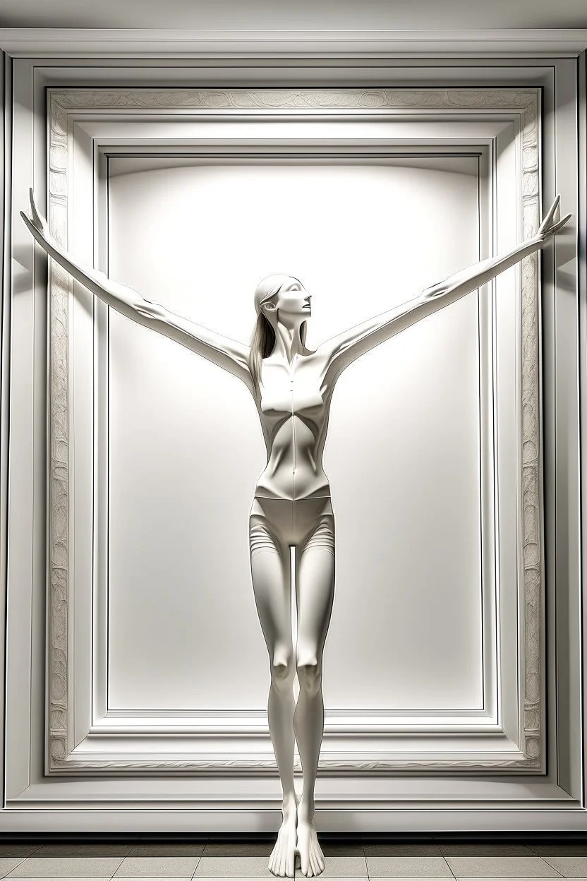 a tall slender woman is standing in front of a large white picture frame displayed on the wall of an art gallery. The frame is traditional in style but looks like and has the texture of white clay. Her arms are outstretched like da vinci’s vetruvian man, and the length of her arms and body corresponds to the width of the picture frame. Her feet are perched on a surreal small shadow rock and it looks like she is floating above calm water. The picture is without canvas but an abstract landscape em