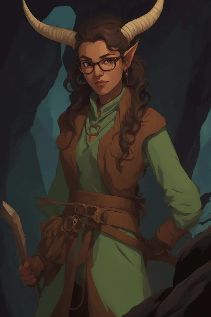 Dnd character with a long tail and small horns in a dark cave. A female Tiefling archeologist with greenish skin, wearing glasses, in brown adventurer's clothes. Cunning, beautiful.