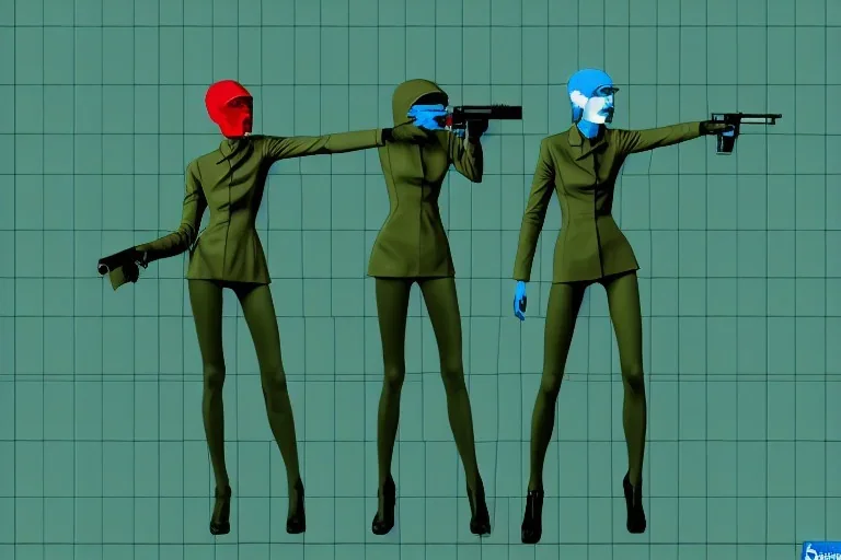 Dark green to cyan body color. Girls with slim body. Pointing with a hand gun. Secret agent. Man behind the image. Cyber-punk. Surrealistic, no eyes. Red and blue mathematical 3D-tiling. Escher tiling background. Oppressive atmosphere. Soviet propaganda. Partly symmetrical in relation to the movement. Perfect golden ratio in vertical and horizontal directions. Deep blue geometrical hexagon in 11th dimension. Narrow focal plane.