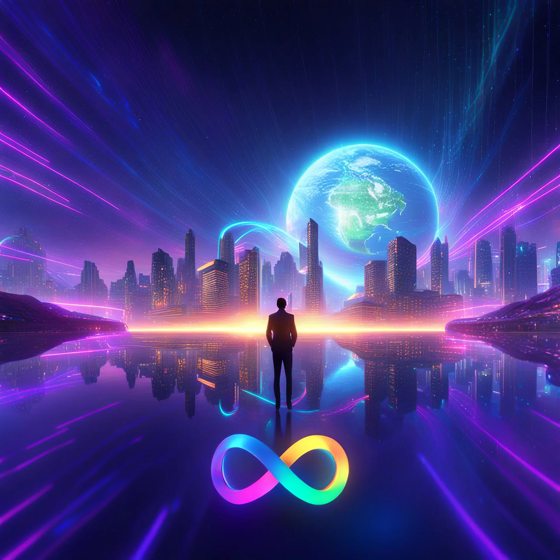 3D infinity symbol ∞, infinity figure-of-eight symbol is totally-symmetrical and brightly coloured, man silhouette facing epic scene of building, glowing earth, water, network and lights, exotic, inspiring, fantasy, neon, friendly, beautiful, octane render, 8k post-production, artstation: award-winning: atmospheric: commanding: fantastical: clarity: 16k: ultra quality: striking: brilliance: liquid medium: stunning colors: amazing depth; lens: f/8, 28mm