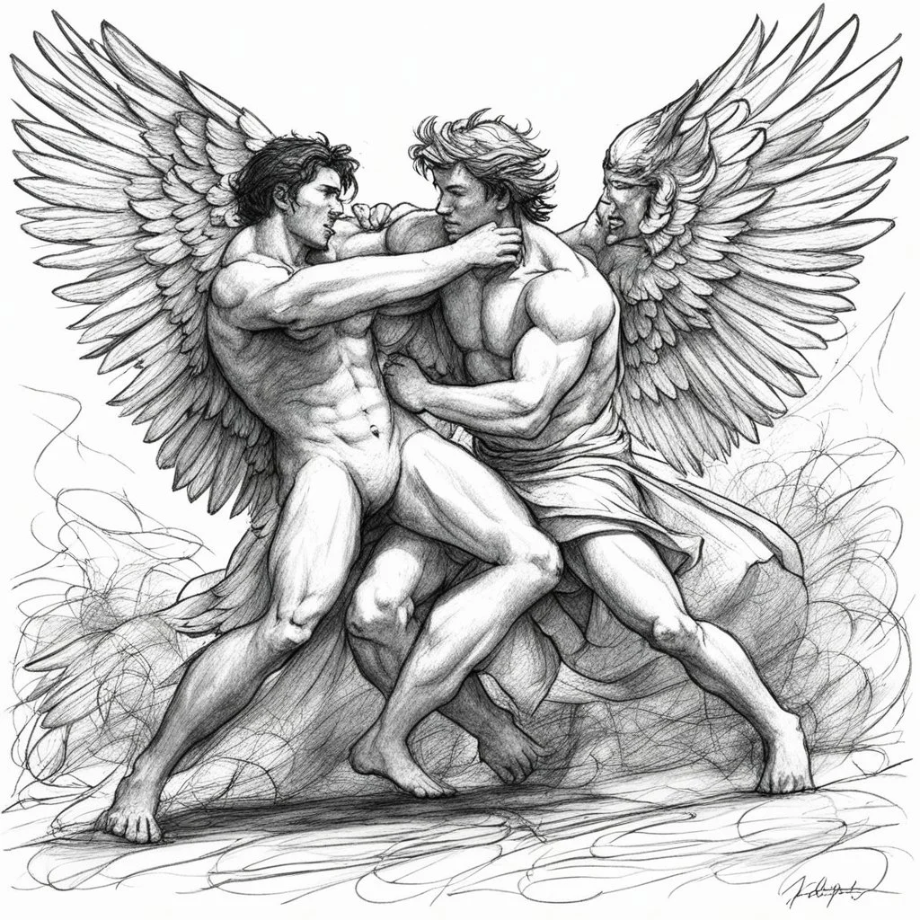 [a chaotic pen sketch with a lot of strokes in stippling] Jacob wrestling with angel