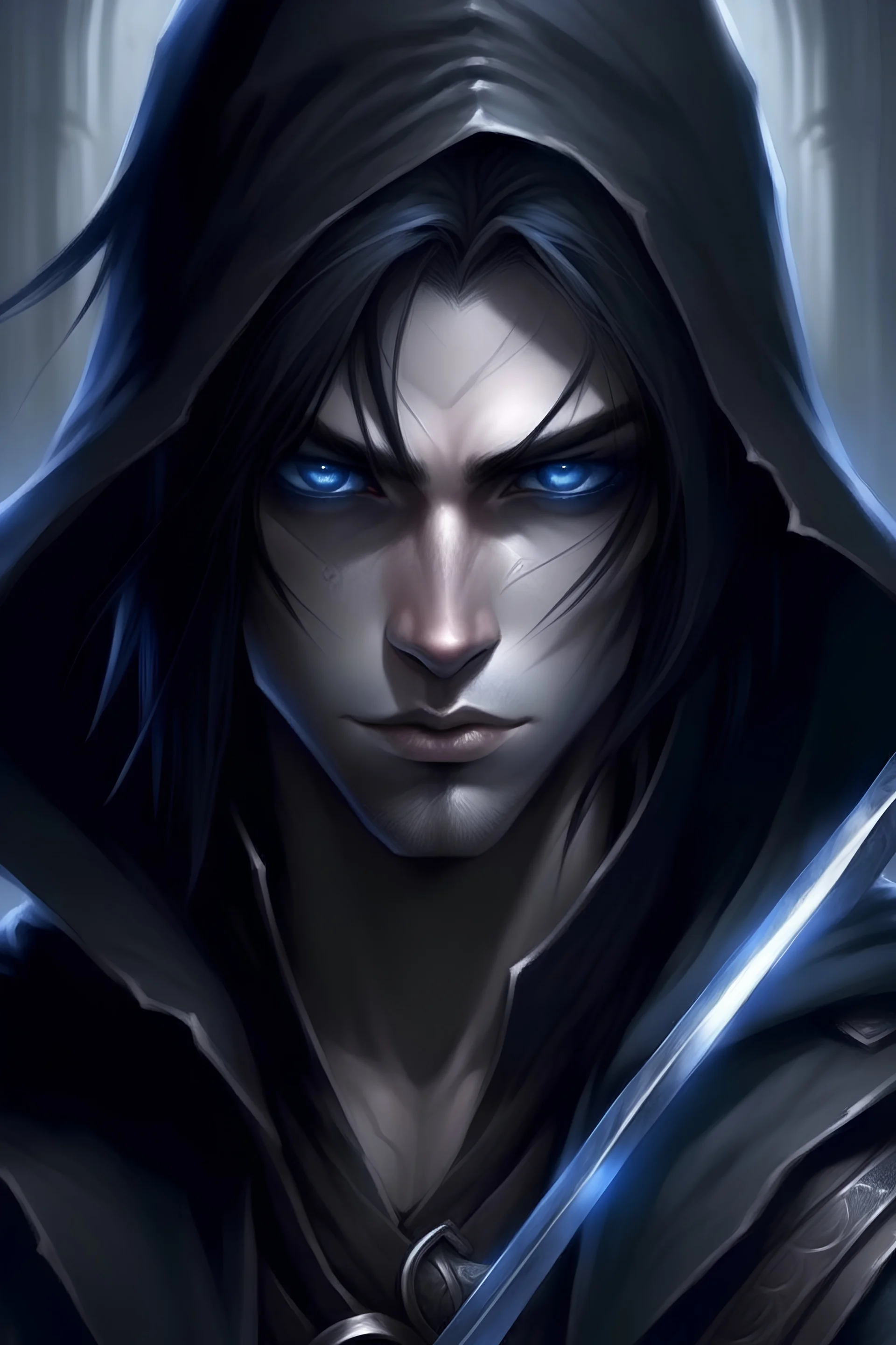 Make a man, an assassin with piercing blue eyes. The more human-looking have raven black hair that writhes under extreme emotion.