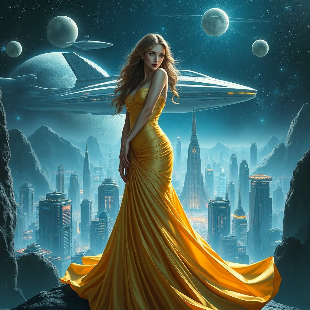 A breathtaking cosmic fantasy scene featuring a stunningly realistic beautiful woman with a perfect face and sculpted figure standing gracefully at the citycenter of a floating CIFI town with Space craft landed over it. Surrounding her are CIFI buildings in deep space. She wears an elegant flowing gown in vibrant gold and blue hues that billow around her perfect form.