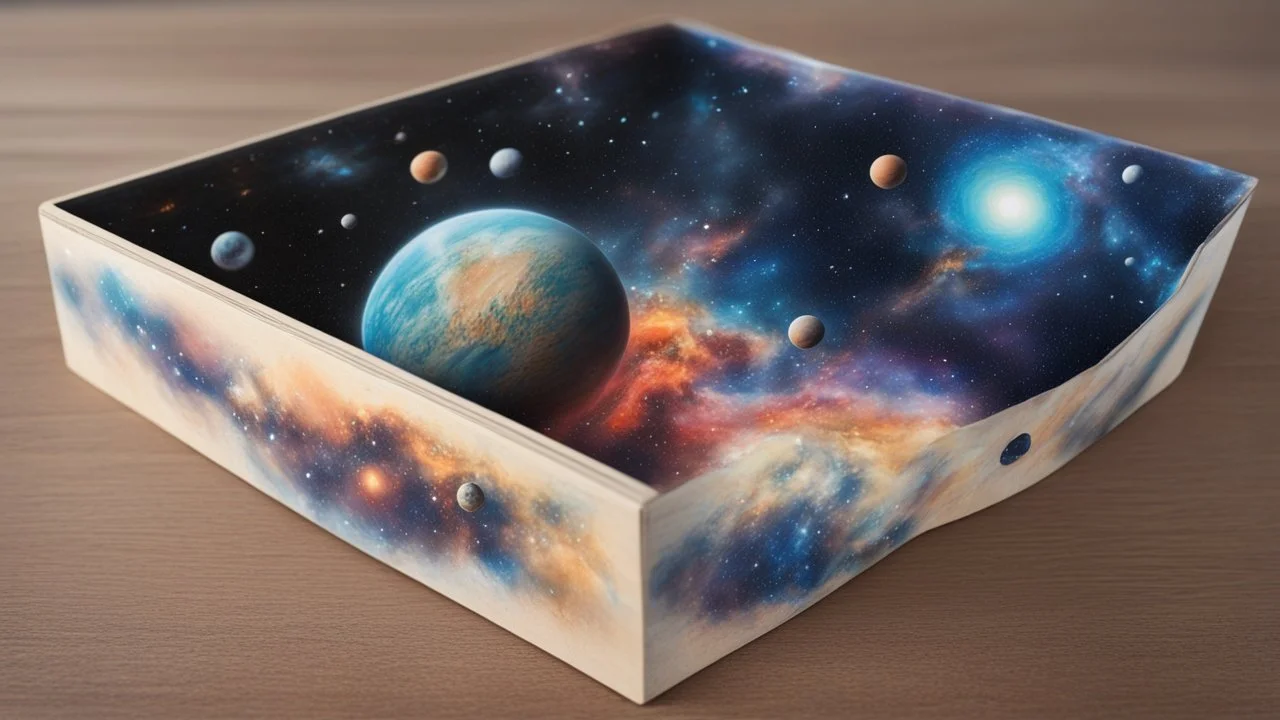 a box 10 cm long by 5 cm wide and 25 cm high, drawn on a box on all sides, space, tress, planets, galaxies a lot of colours, very realistic