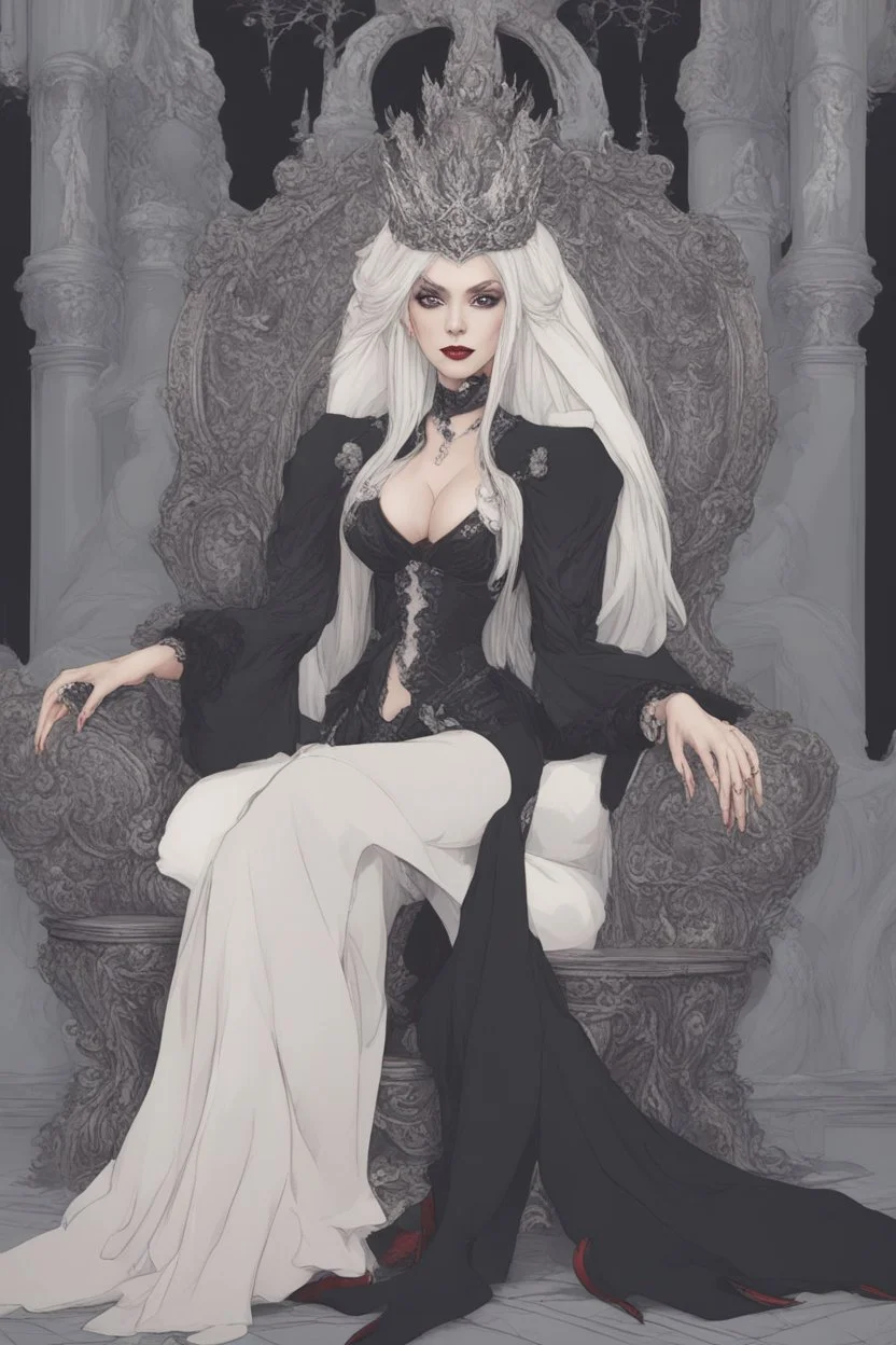 Vampire queen with white hair sitting on throne