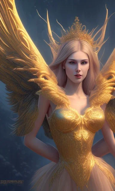 Female angel with beautiful perfect face big wings and golden crown floating above the ground in the dark enviroment, anatomically correct, michelangelo style, detailed, world of warcraft style, dark forest, trees, painting, brush strokes, 8k, dark forest in the background, dramatic camera view