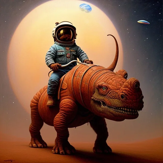 1yo little boy is on safari on the moon. riding on the red dinosaur bike. he has big and a funny hat. High detailed. Cinematic. oil on canvas painting. Warm lights. beksinski