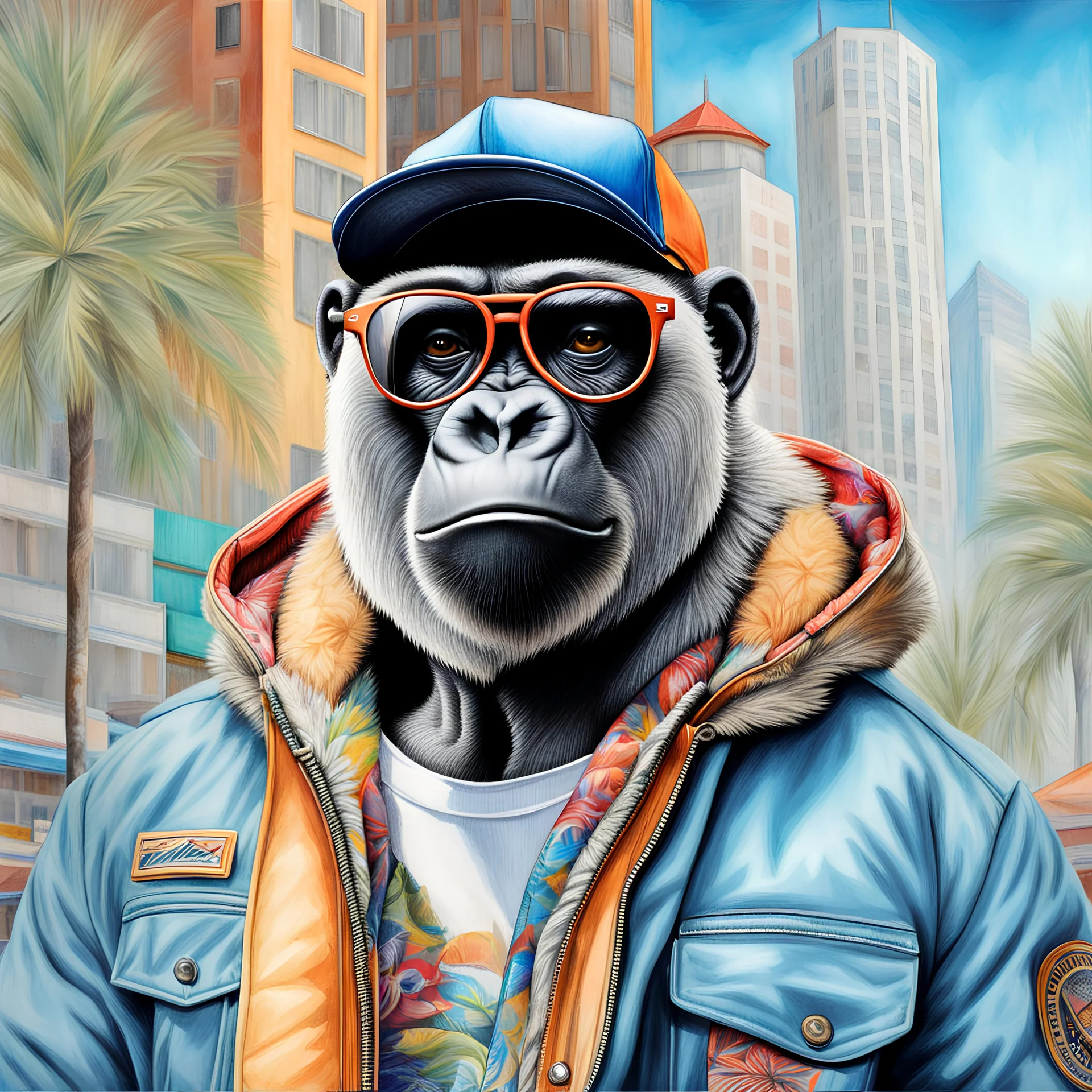 Hermoso dibujo a lápiz coloreado de gorila con chaqueta, gorra y anteojos de playa, obra de arte, calidad ultra, maximalista, 12k , fondo de ciudad