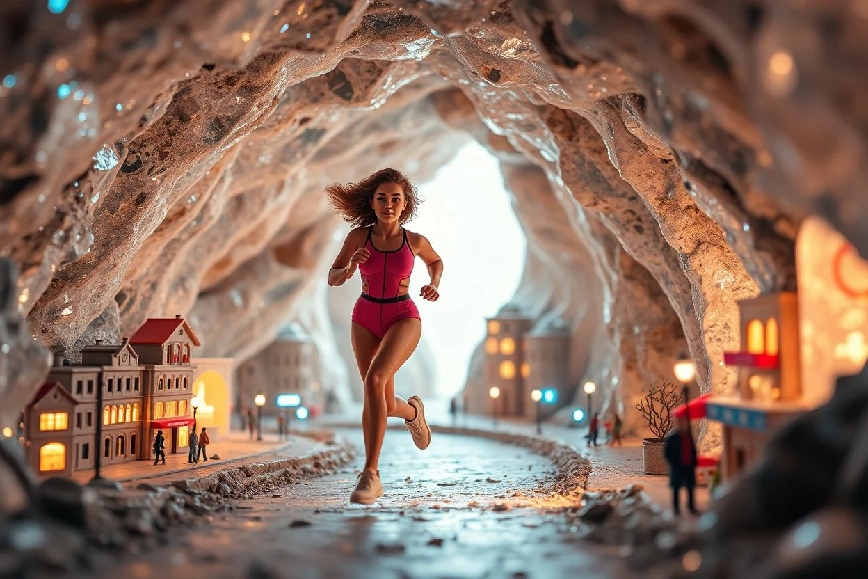 make a video pretty crystal cave covered with jewells and CIFI jewell lights and miniature city buildings and miniature people and streets, a beautiful fashion model lady with cute,curvy hair,makeup, in pretty sports suit is running inside cave ,dynamic camera fallow her inside cave capturing full body, dynamic lights.