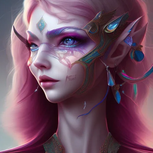 An elf with crystal blue eyes and magenta hair, teardrop shaped eyebrows, woman, angry expression