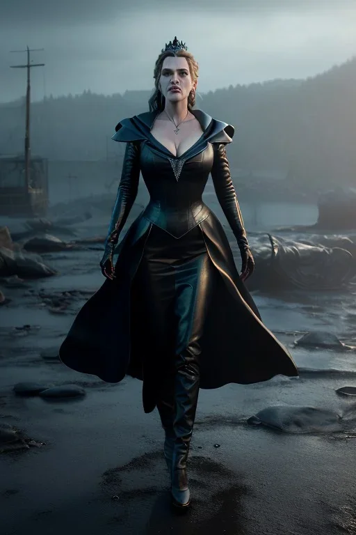 Kate Winslet as evil queen in black leather gown, cleavage, angry, stern look, unreal 5, octane render,cinema4d, dynamic lighting, dramatic lighting, 4k, redshift render, highly detailed, hyper realistic