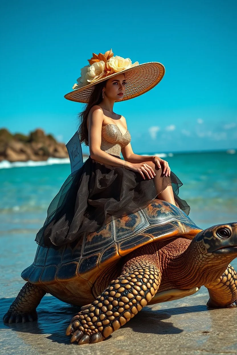 Best angle view realistic photoshoot full body beautiful Supermodel sitting on ridding Big large turtle,she wearing luxurious shimmer hat large made from borroque elements flowers sea, sea shore.Sony Alpha 7 50mm realistic photography