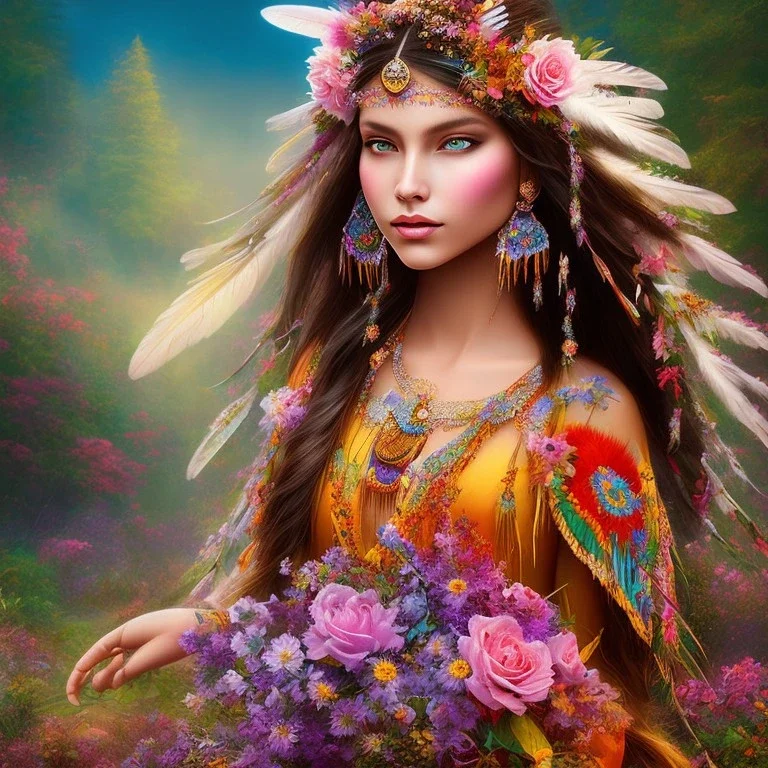 bright native american fairy, beautiful portrait, flowery landscape