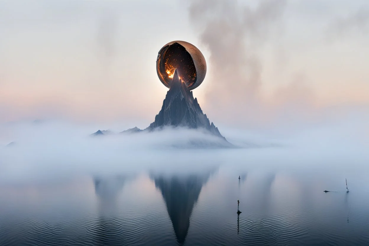 a broken orb is split open and impaled upon the lone mountain peak