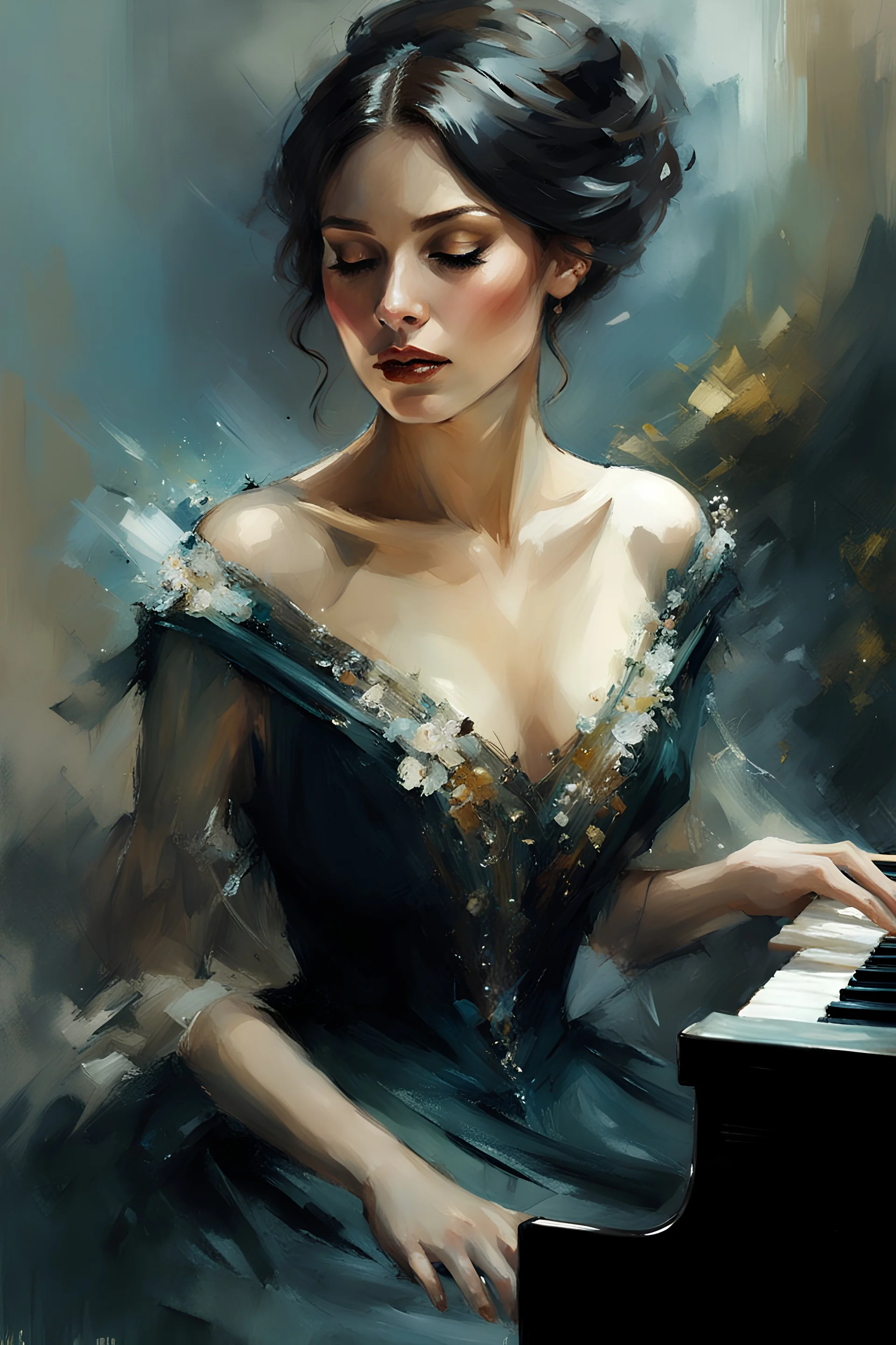 Brunette Thin Caucasian Woman 30yo Black Short Straight Bob Hair, Beautiful Makeup, wearing a victorian dress, playing a piano and singing, mysterious esoteric atmosphere :: digital matt painting with rough paint strokes by Jeremy Mann + Carne Griffiths + Leonid Afremov