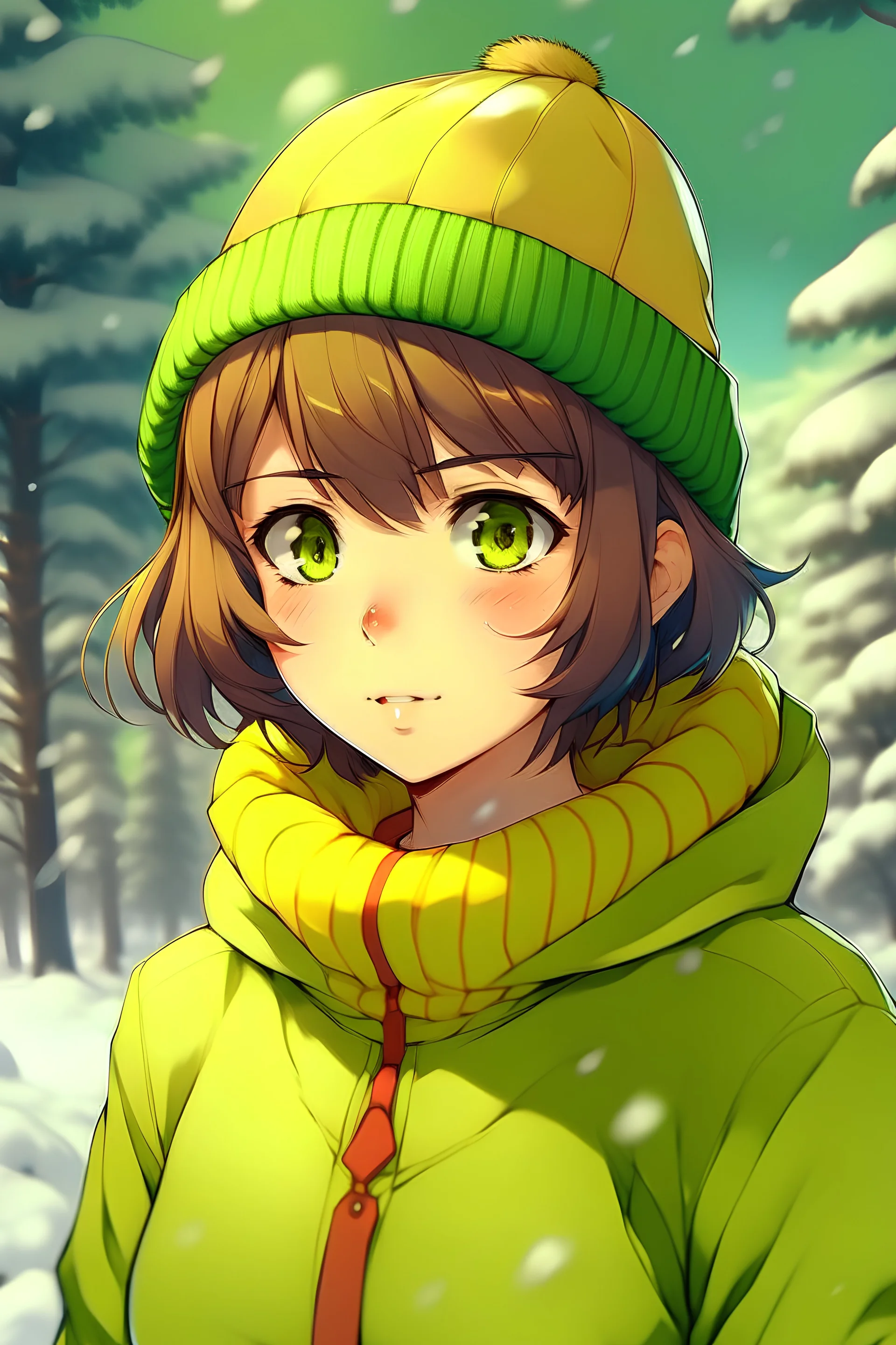 Girl with short brown hair, red eyes, green sweatshirt with a horizontal yellow stripe, he is wearing a Christmas hat, and in the background there are trees in the cold winter with lots of snow, Anime HQ style