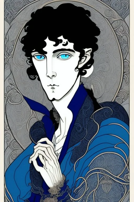 young black haired blue eyed wizard in the style of aubrey beardsley