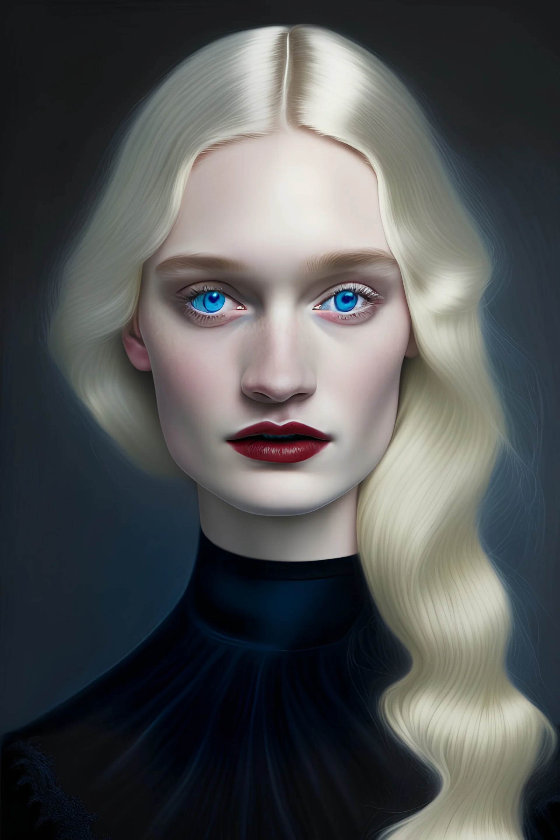 A woman with soft blonde hair, blue eyes, and a white face, wearing a black velvet dress