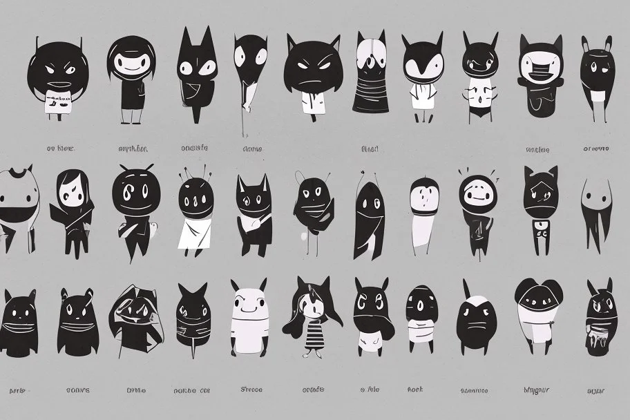 6 simple shaped hand drawn cartoon characters that are cute dark and have hoodies