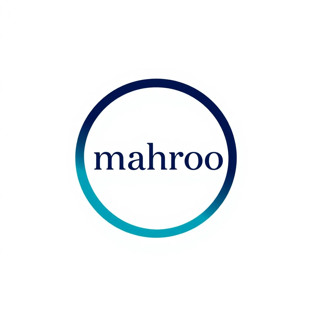A circular logo with the name (mahroo) designed for a cosmetics store with the symbol of the moon and turquoise and indigo colors and a blue and black circle around the work with cosmetics and nail polish, lipstick, cologne and body spray