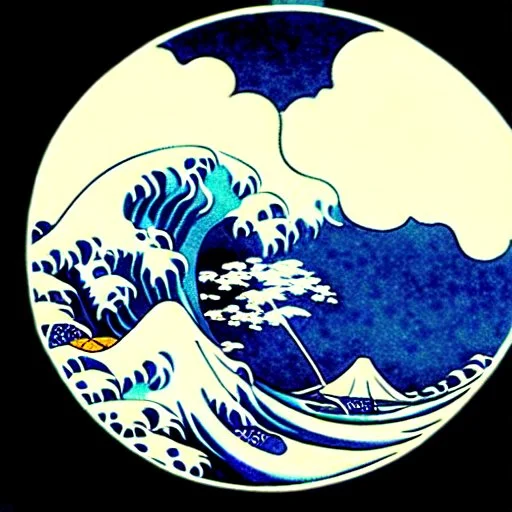 An astronaut floating in space surrounded by a halo of glowing jellyfish, done in the style of Hokusai's The Great Wave off Kanagawa