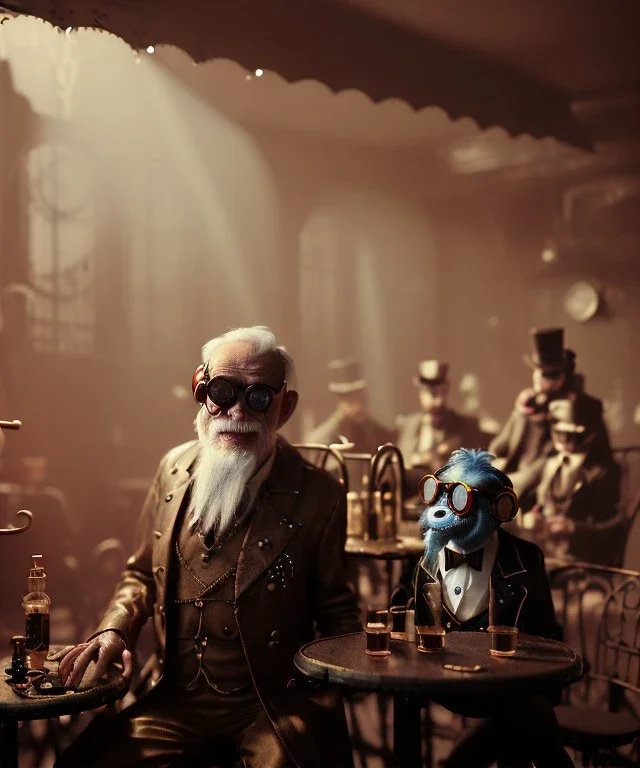 steampunk cabaret scene. old man. little monkey, Sunglasses, rain, smoking, happy, hot. Many people background, highly detailed, concept art, unreal engine 5, god rays, ray tracing, RTX, lumen lighting, ultra detail, volumetric lighting, 3d, finely drawn, high definition, high resolution.