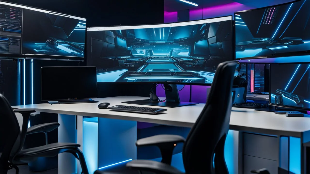 close up in the foreground a big hd pc monitor stands on a modern desk with black monitor, in the background a futuristic studio, ((blue and white neon lights)), a couple of modern, black office chairs, detalied, photo