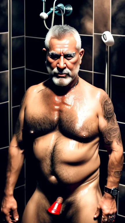 fullbody photography of two serious wet dirty muscular chubby sweaty 62 years old strong gypsy carpenters under open shower, kissing embraced , big bulge, manly chest, tattoo, dreadlocks, photorealistic, 32k, misery, poverty, angry eyes, low dim lights, profile view