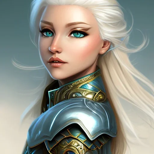 D&D cleric, female, platinum blonde hair, happy, teal armor, gold eyes