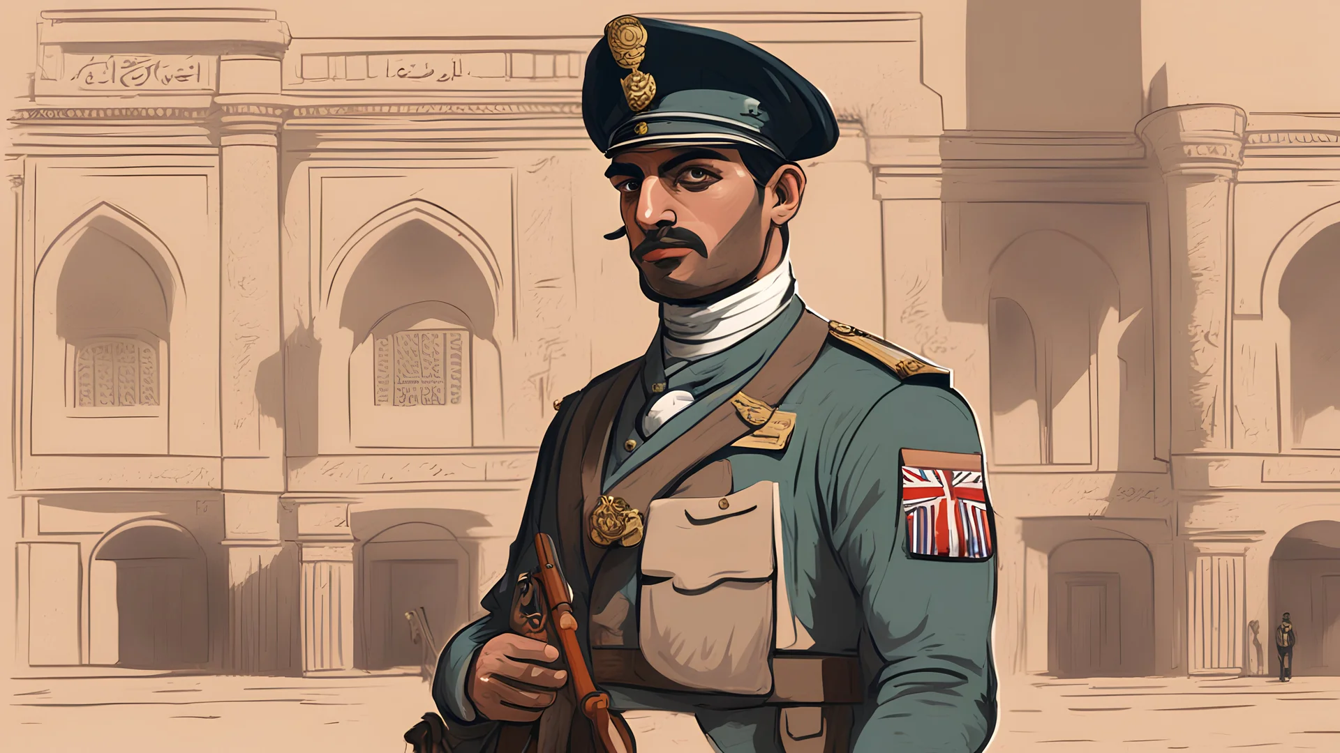 Soldier of the British Embassy in Iraq. 2D animated. Arabic writing board. The British East India Company. Company, office building. 1900 AD. Baghdad East India Company. کمپانی هند شرقی بغداد. Vector, Digital painting, Drawing. Cartoons. illustration.