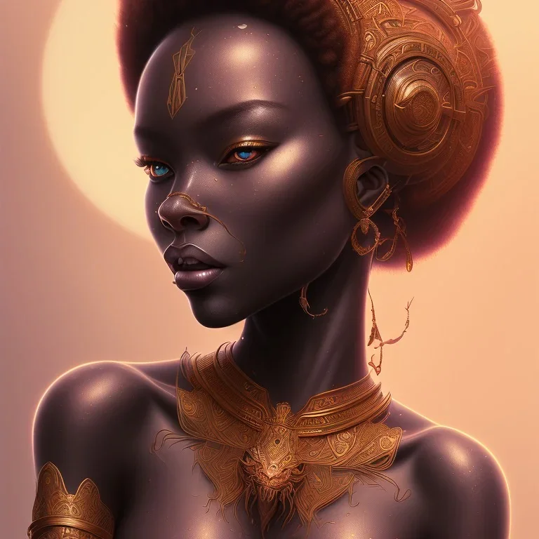 sango fantasy, fantasy magic, intricate, sharp focus, illustration, highly detailed, digital painting, concept art, matte, masterpiece head sexy lady body black African beauty space lady black leopard skin one head African afro sun