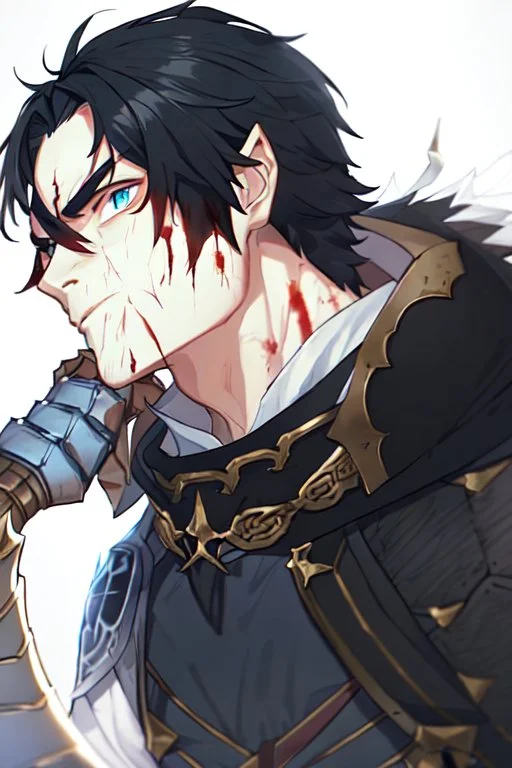 Armored male Knight by webtoon style there are lightning and blood spurts around the man his face pointed at the camera and with a serious look he lets his opponent know that it's his turn