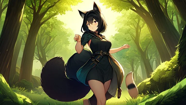 Girl, black hair, skunk tail , skunk ears, forest.