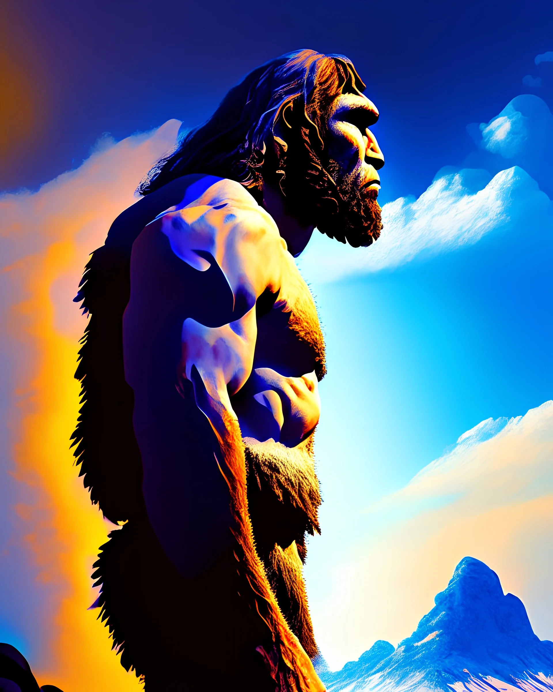 Imagina el hombre de Neandertal colores contrastantes arte digital obra de arte hiperdetallada intrincada sombras 3D iluminación cinematografica 8k 3D cuerpo completo clima soleado nubes