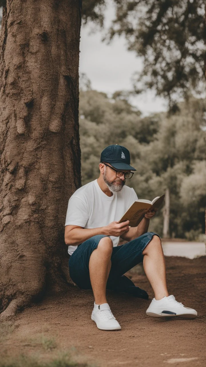 A man wears a white Dad Hat and wears glasses and is busy reading with a tree behind him, high resolution, and the image focuses on the Dad Hat