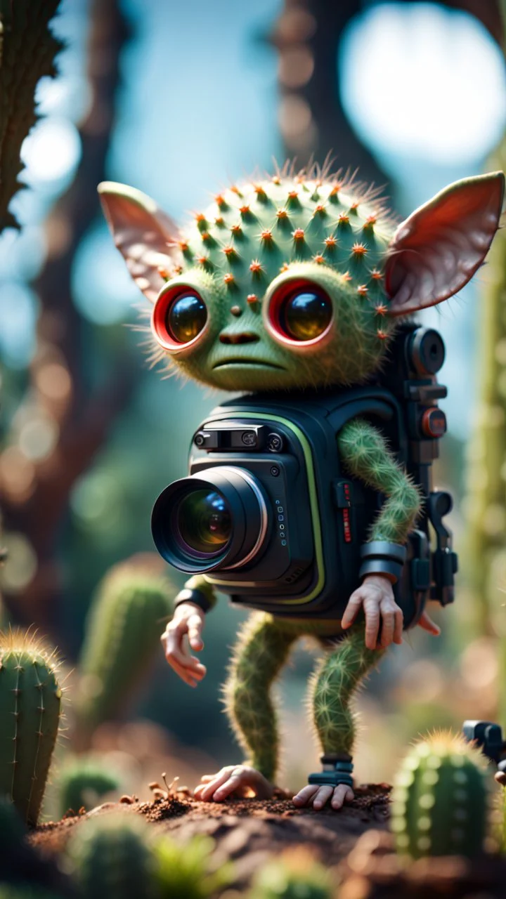 cactus alien gremlin with rocket backpack awesome space camera in giant treetop ,bokeh like f/0.8, tilt-shift lens 8k, high detail, smooth render, down-light, unreal engine, prize winning