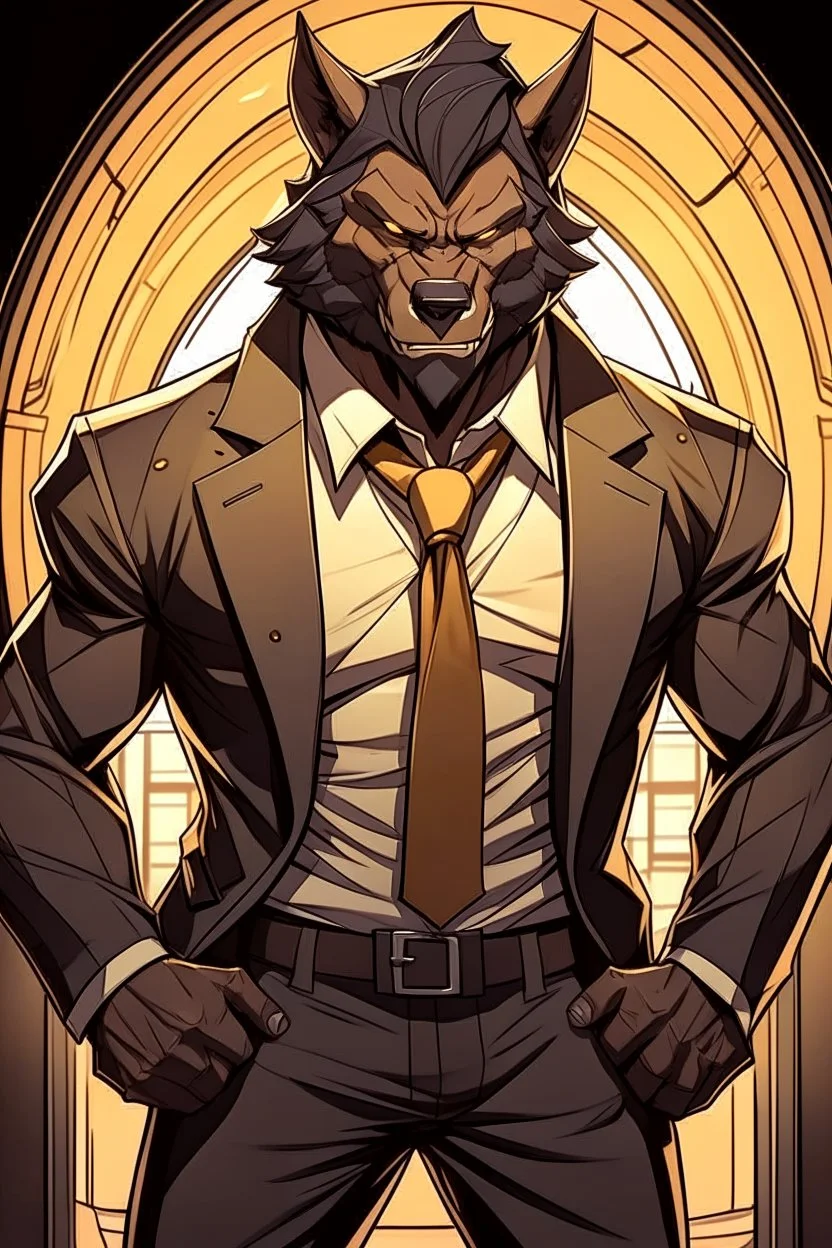 Buff, anthro, wolf, himbo, black fur, gold eyes, wearing a suit, full-body, muscles, strong, muscular, man boobs, bulky, tail, dark fur, smug grin, hands on hips, furry-himbo, broad shoulders, wide hips, big chest, big muscles,