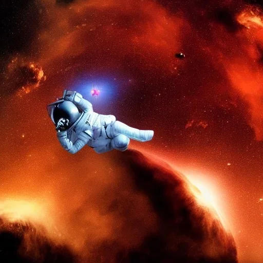 A dark galaxy scene of with a dead astronaut, floating in space, featuring “lost in space” theme