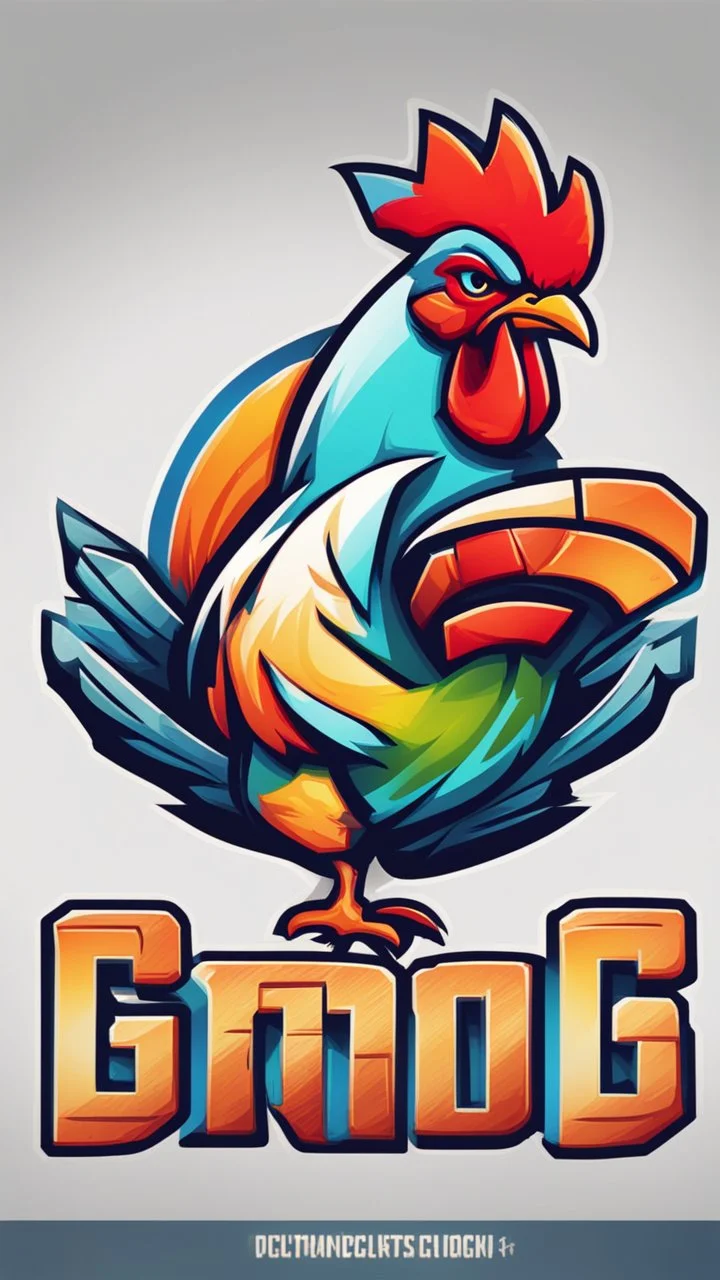 Create a bold and vibrant gaming logo featuring a chicken, with a dynamic composition, bright colors, and dynamic lighting