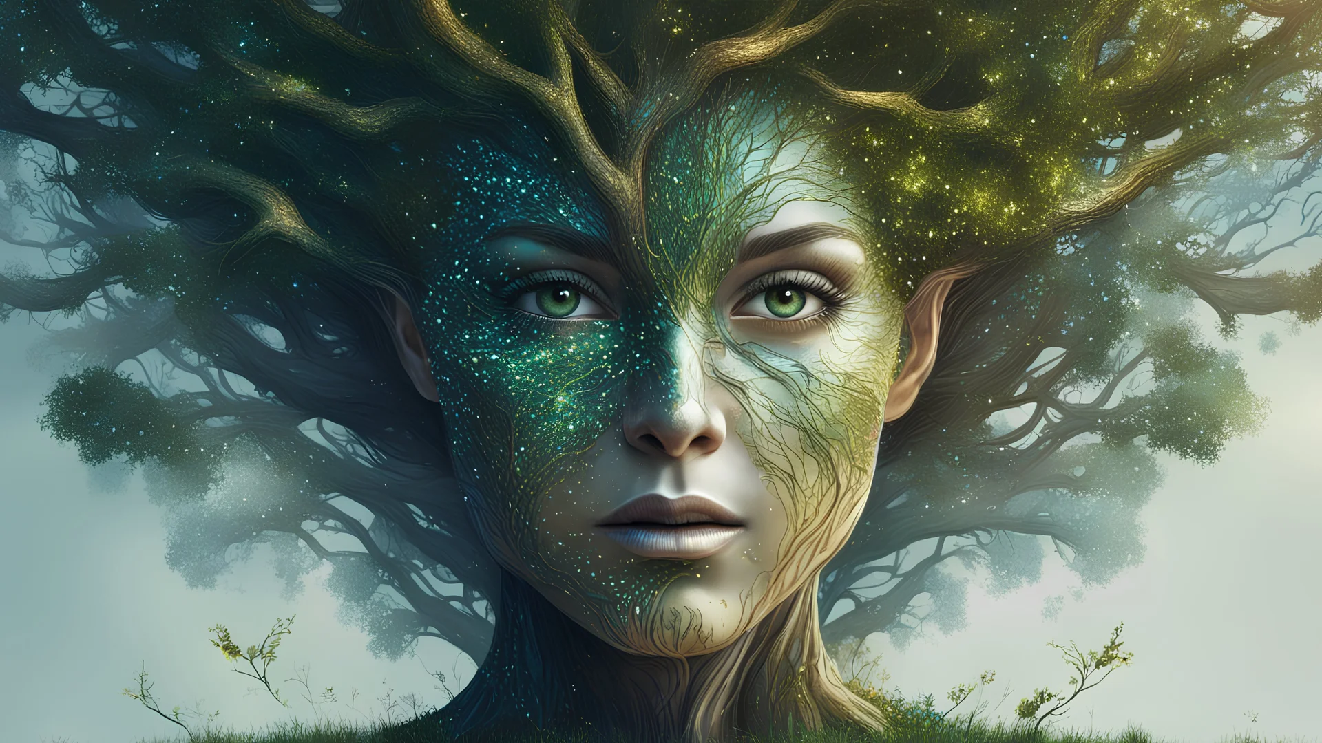 tree woman, digital painting, glitter, clean lines, detail, fine rendering, high resolution, 4K, photorealism, sharp focus, double exposure, fantasy,