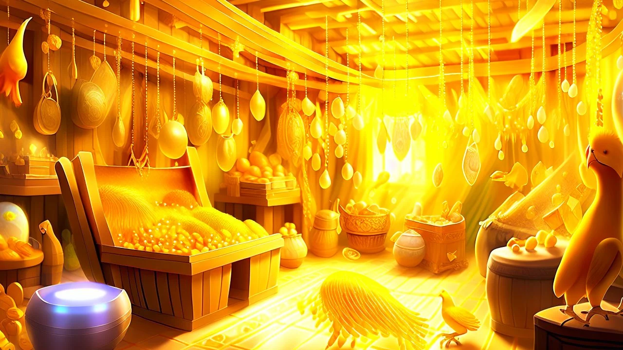 Fantasy digital illustration: = room full of treasures, including bags of gold, a magical hen that laid golden eggs, and a singing harp