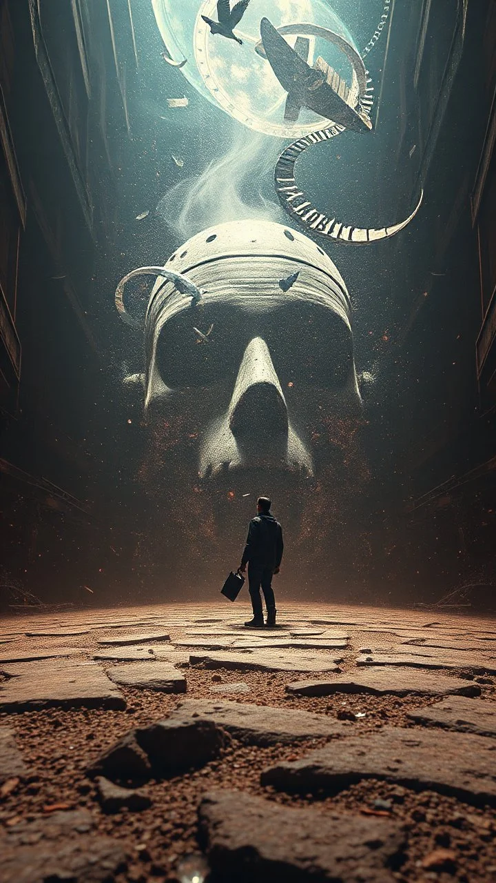 /image, randomised, depicting illusion, the Impossible, nonsense, the immaterial, intangible, and futuristic. Be wildly random in producing totally new ideas and images. Show me the deep scars inflicted on my soul and mind. Epic, cinematic.