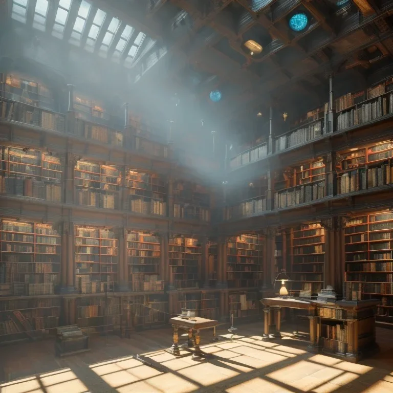 inside of a cybernetic gothic library museum , dystopic, millions of books, labyrintic architecture, orange color scheme, high key lighting, volumetric light high details with white stripes and feathers unreal 5, octane render, cinema4d, dynamic lighting, dramatic lighting, 4k, redshift render, highly detailed, hyper realistic, sunset, Stephan Eicher