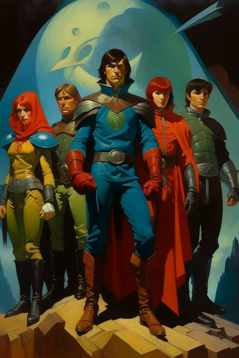 1970's dark fantasy cover dnd style oil painting of heroes with sport outfits with minimalist far perspective. Magazine.