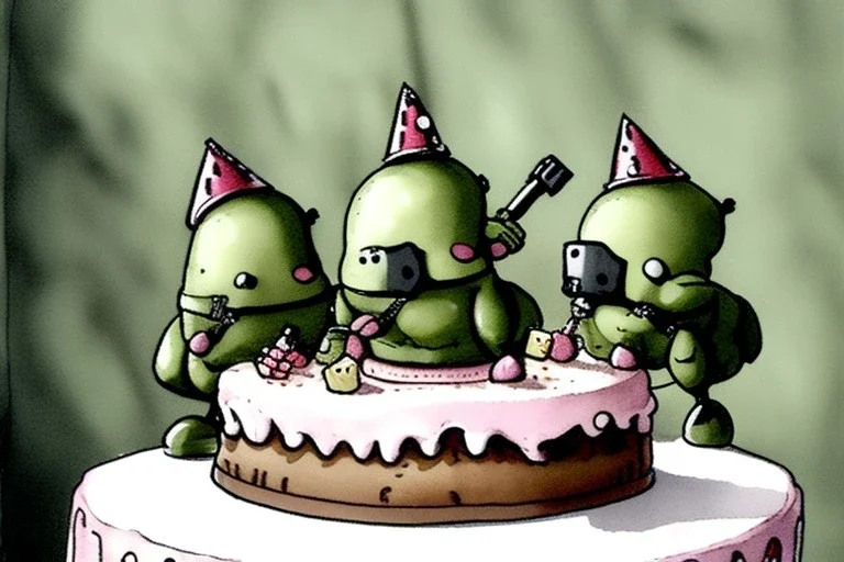 Cute unny is having a birthday cake with hand grenades. Highly detailed, smooth colours, realistic landscape. Aquarell