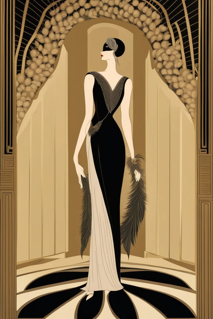 a woman with feathers in an Art Deco foyer by artist "Erté"