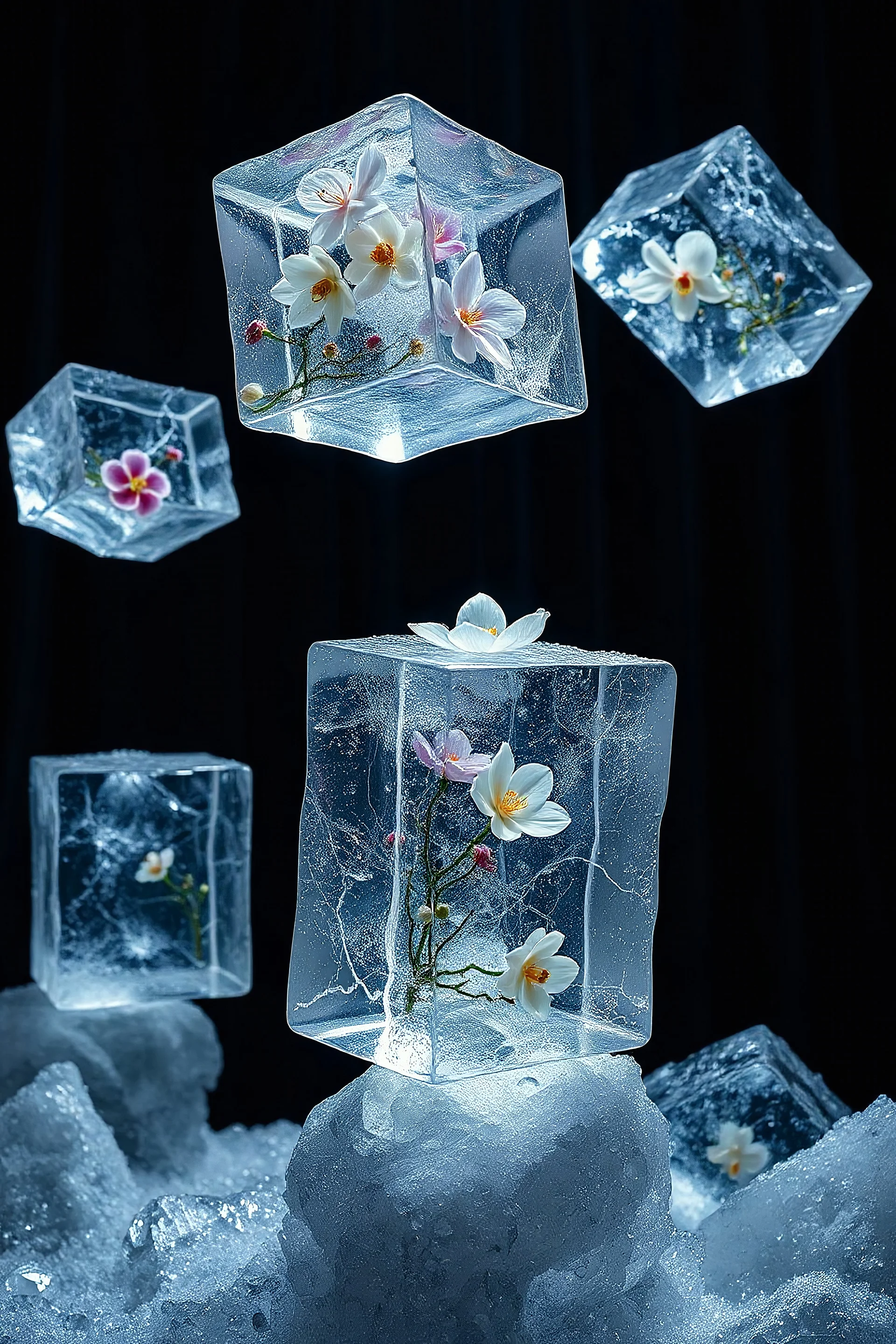 Very realistic, hyper-detailed atmospheric professional photography of a surreal "Blooming Ice" sculpture. Giant translucent ice blocks levitate midair against a dark velvet background, softly spinning in slow motion. Inside each ice block — frozen exotic flowers: orchids, lilies, sakura blossoms, and ethereal vines, suspended in crystal-clear water. Intricate frost patterns and delicate silver cracks cover the surfaces of the ice, catching the light. Soft diffused rim lighting with subtle warm