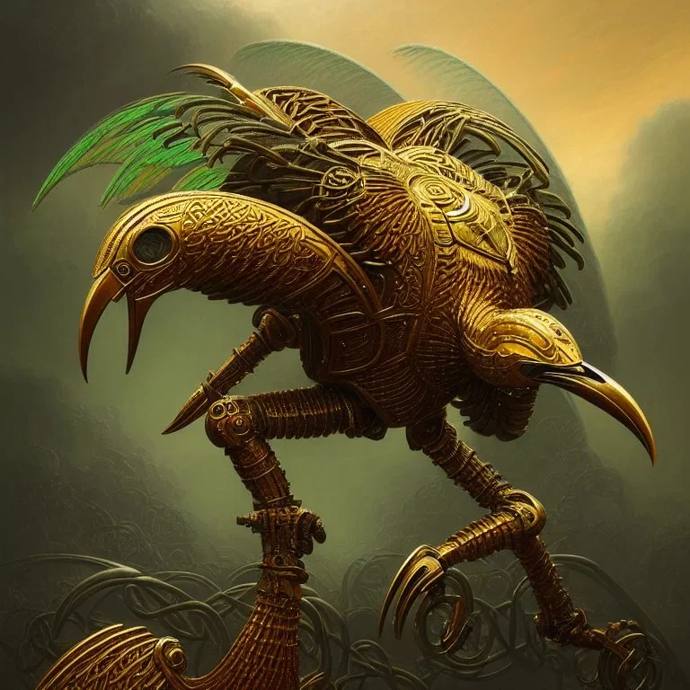 a digital art ibis in metallic gold and orange and green battle armor, in a hurricane, a highly detailed illustration, background of Celtic jungle, realistic render, 8 k, micro detail, intricate, elegant, centered, digital painting, Artstation, smooth, sharp focus, illustration, artgerm, tomasz alen kopera, peter mohrbacher, donato giancola, joseph christian leyendecker, wlop, boris vallejo