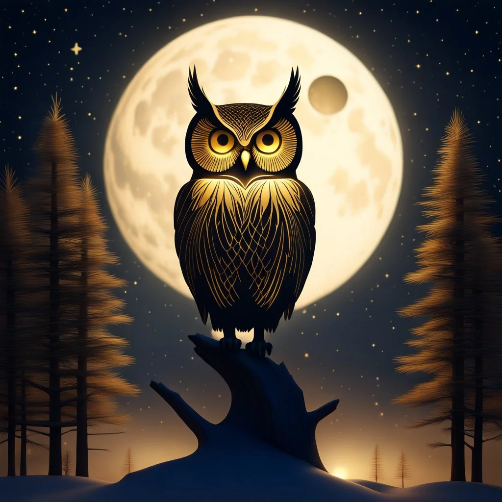 A captivating and mesmerizing 3D render of a striking minimalist silhouette of an owl, transformed into a nighttime scene. The owl's body is filled with a warm golden hue, representing a starlit sky and a radiant full moon. The center features a delicate, flying bird, symbolizing the owl's spirit. Beneath the owl, a serene landscape of pine trees and a resting owl unfolds, creating a sense of tranquility and harmony with nature. This enchanting illustration masterfully blends elements of wildlif