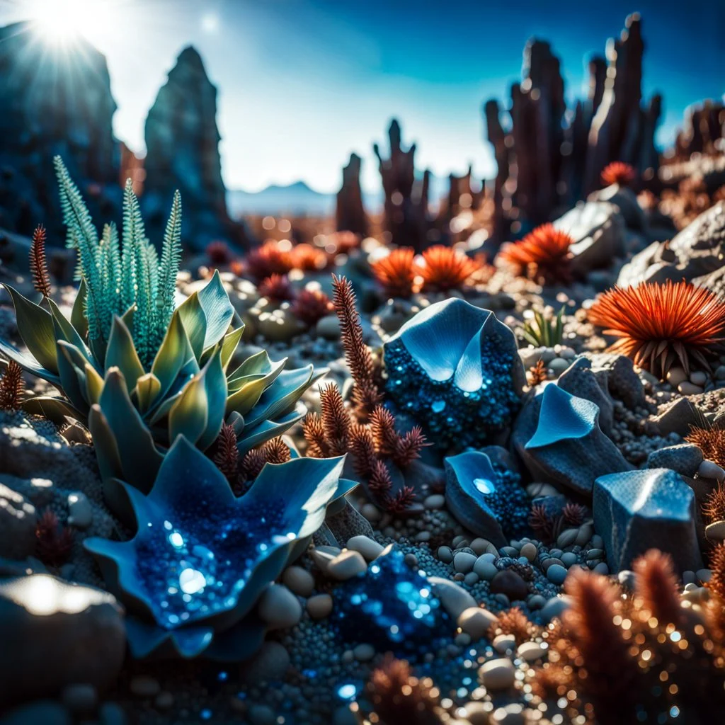 A striking photograh close-up captures a hyperrealistic wasteland with group of plants and glossy material, adorned with minerals and rocks. Bathed in intense light, eerie, giant blue sun, 8k, deep 3d field, rock formations, strong texture, extreme detail, intricate, colours, rich moody colors, sparkles, bokeh, 33mm photography